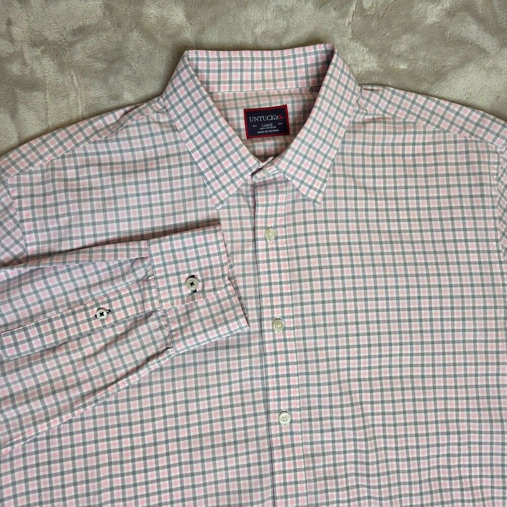 UNTUCKit Shirt Mens Large Pink Gray Plaid Button Down Preppy Gorpcore